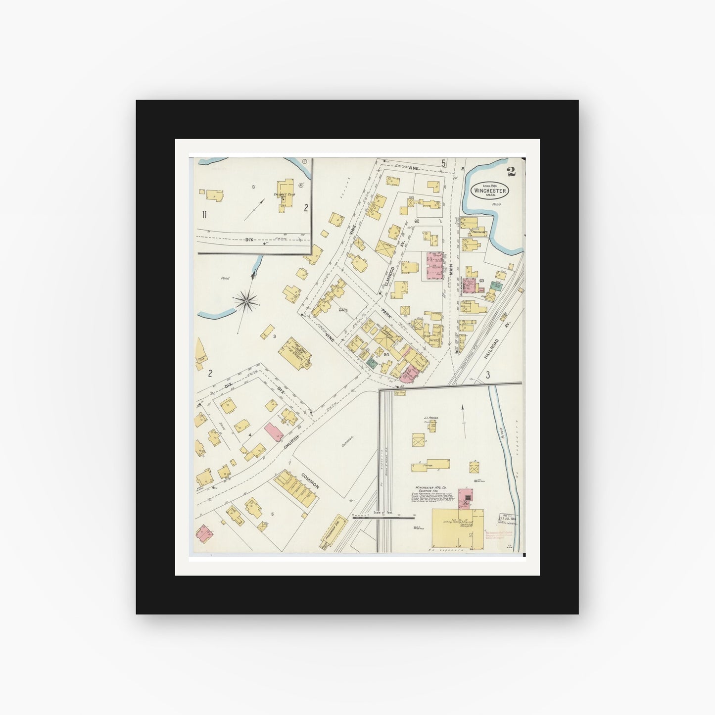 Old map wall art mockup — black gallery frame with white mat — Sanborn Fire Insurance Map from Winchester, Middlesex County, Massachusetts (1904), Sheet #0002