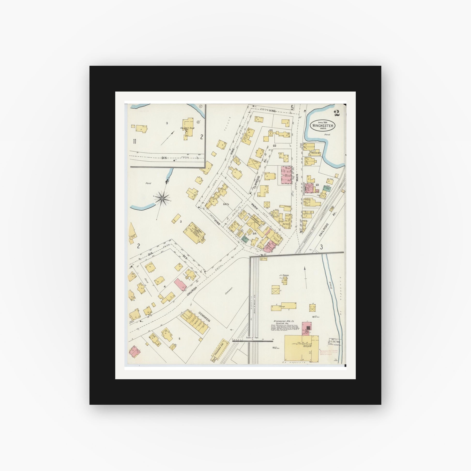 Old map wall art mockup — black gallery frame with white mat — Sanborn Fire Insurance Map from Winchester, Middlesex County, Massachusetts (1904), Sheet #0002