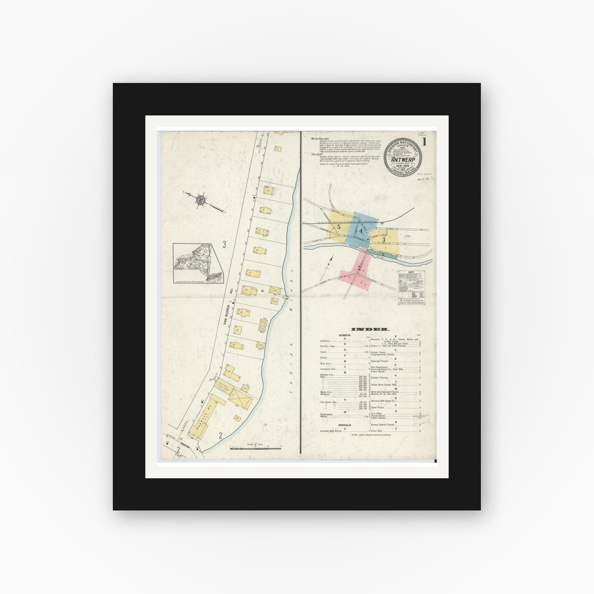 Old map wall art mockup — black gallery frame with white mat — Sanborn Fire Insurance Map from Antwerp, Jefferson County, New York (1912), Sheet #0001
