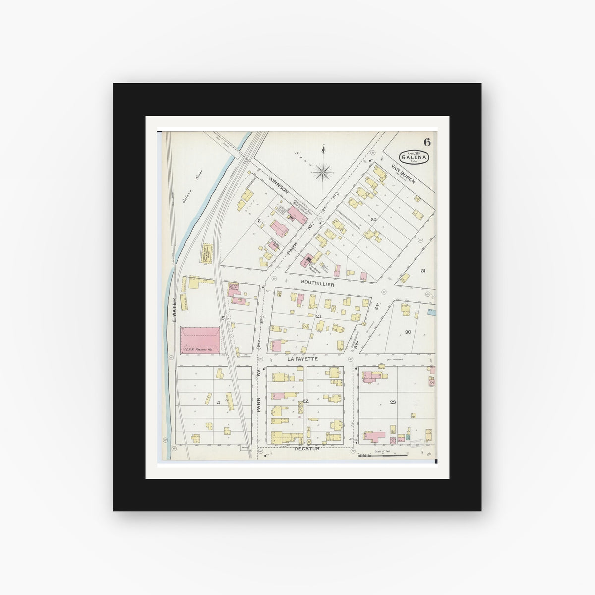 Old map wall art mockup — black gallery frame with white mat — Sanborn Fire Insurance Map from Galena, Jo Daviess County, Illinois (1893), Sheet #0006
