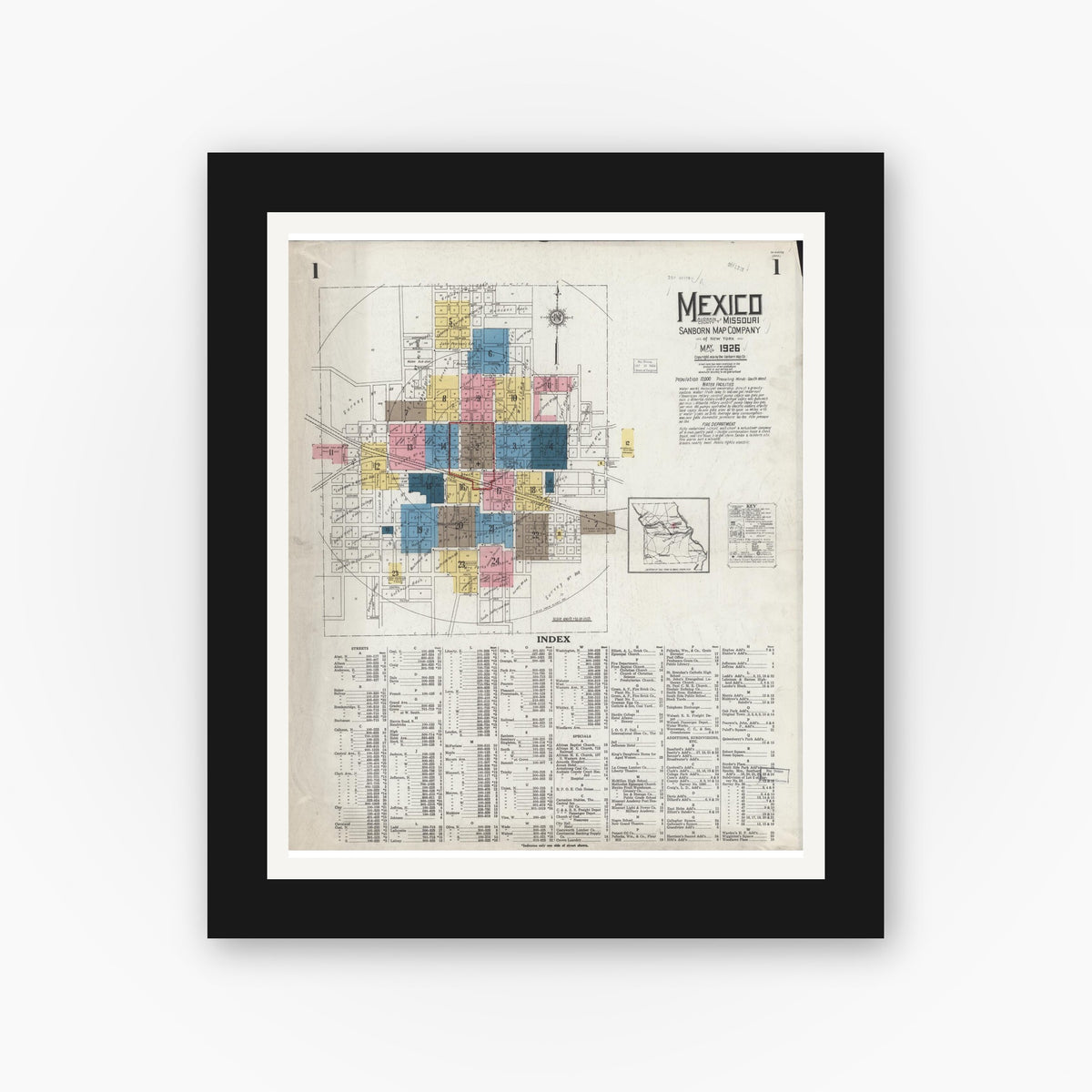 Old map wall art mockup — black gallery frame with white mat — Sanborn Fire Insurance Map from Mexico, Audrain County, Missouri (1926) - Complete Map Set