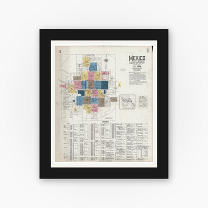 Old map wall art mockup — black gallery frame with white mat — Sanborn Fire Insurance Map from Mexico, Audrain County, Missouri (1926) - Complete Map Set