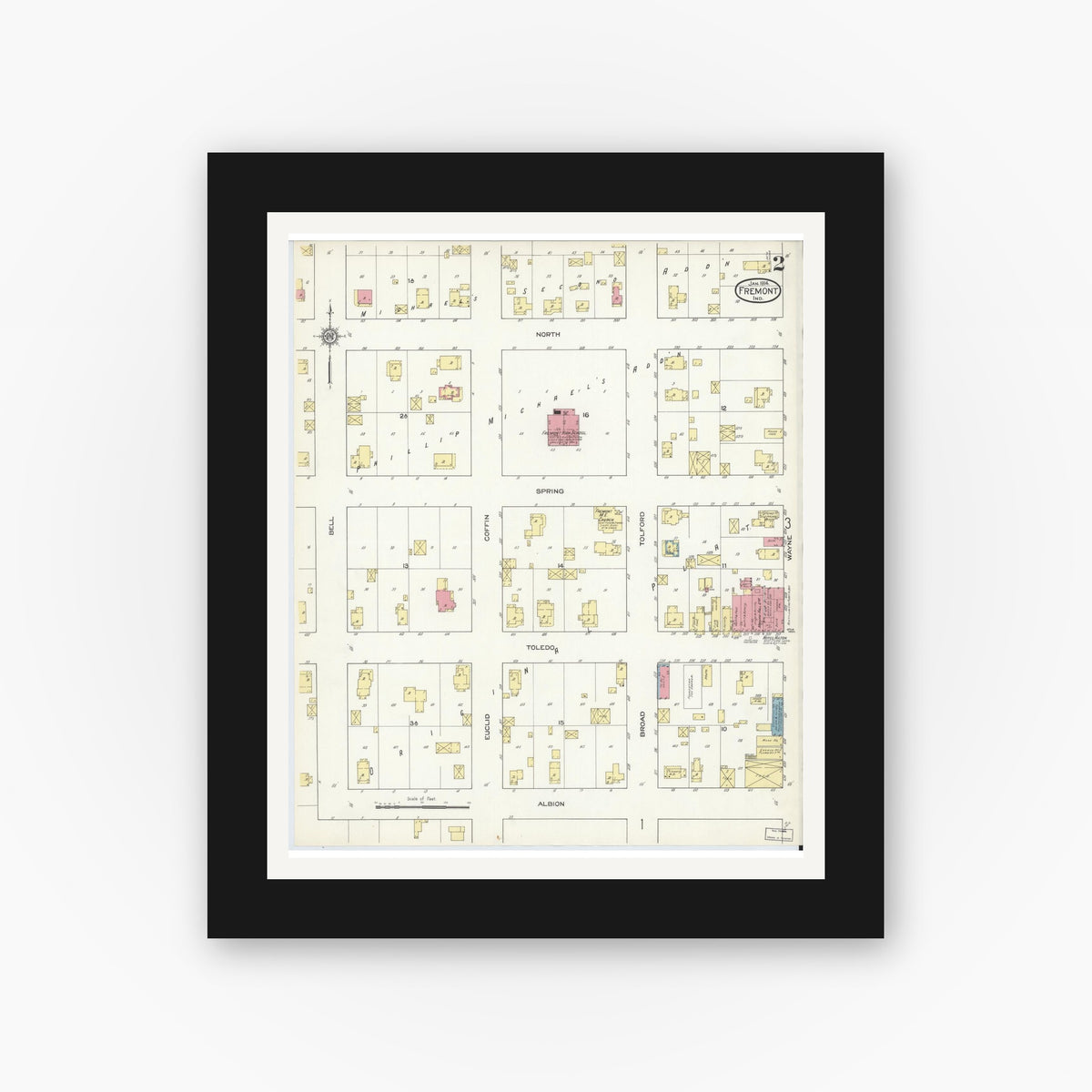 Old map wall art mockup — black gallery frame with white mat — Sanborn Fire Insurance Map from Fremont, Steuben County, Indiana (1914), Sheet #0002