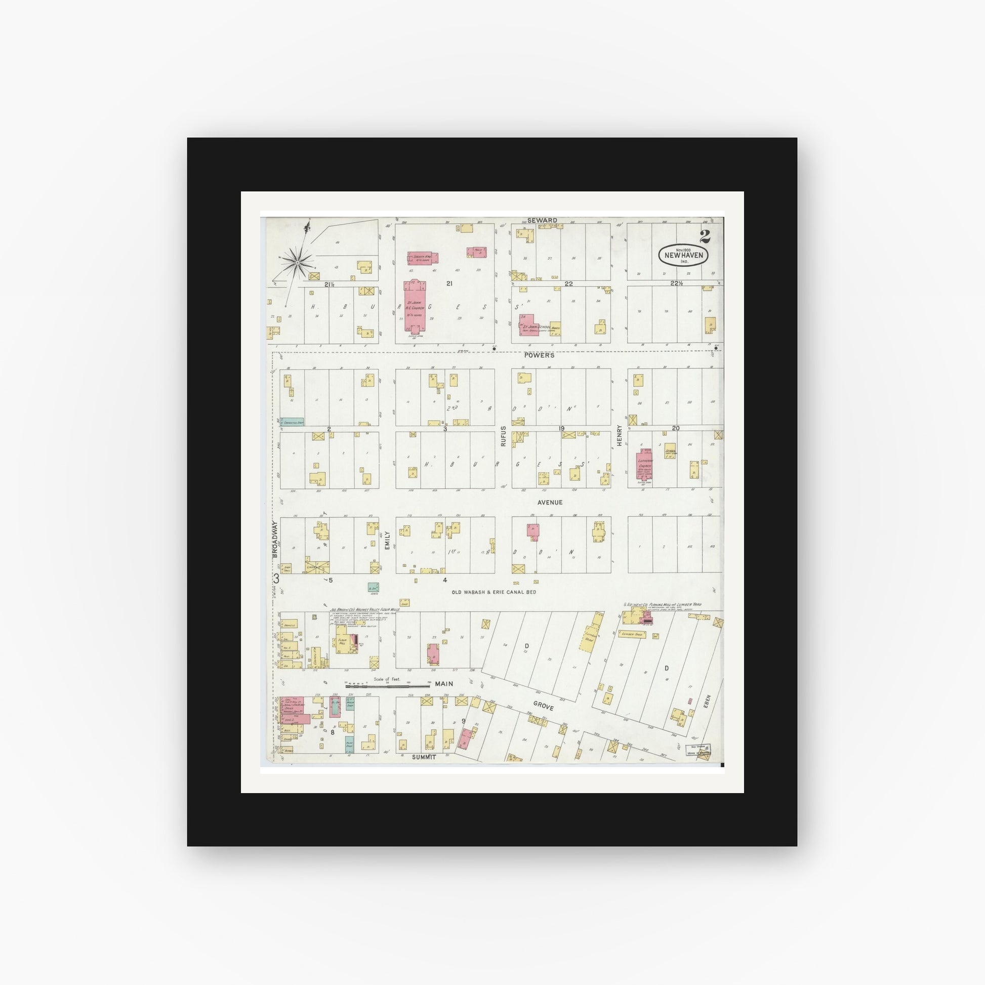 Old map wall art mockup — black gallery frame with white mat — Sanborn Fire Insurance Map from New Haven, Allen County, Indiana (1900), Sheet #0002