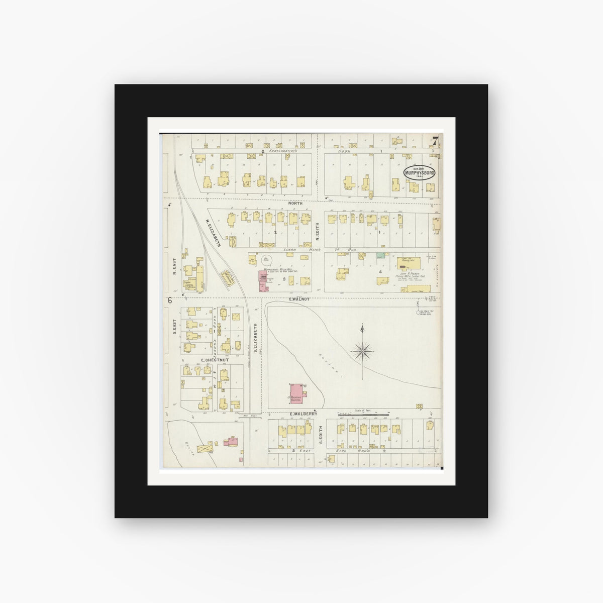 Old map wall art mockup — black gallery frame with white mat — Sanborn Fire Insurance Map from Murphysboro, Jackson County, Illinois (1897), Sheet #0007
