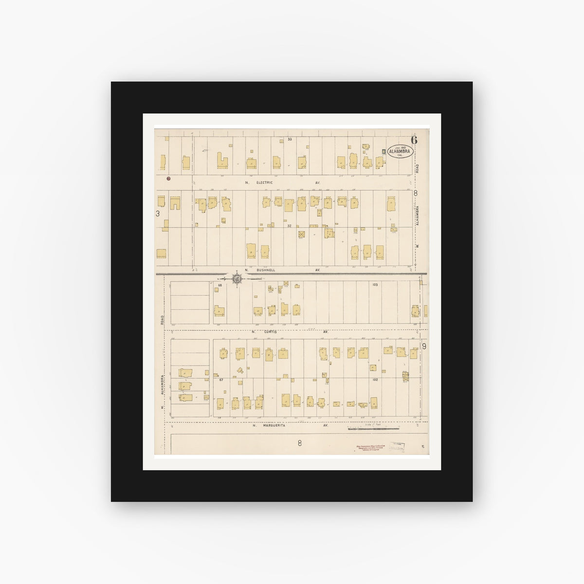 Old map wall art mockup — black gallery frame with white mat — Sanborn Fire Insurance Map from Alhambra, Los Angeles County, California (1912), Sheet #0006