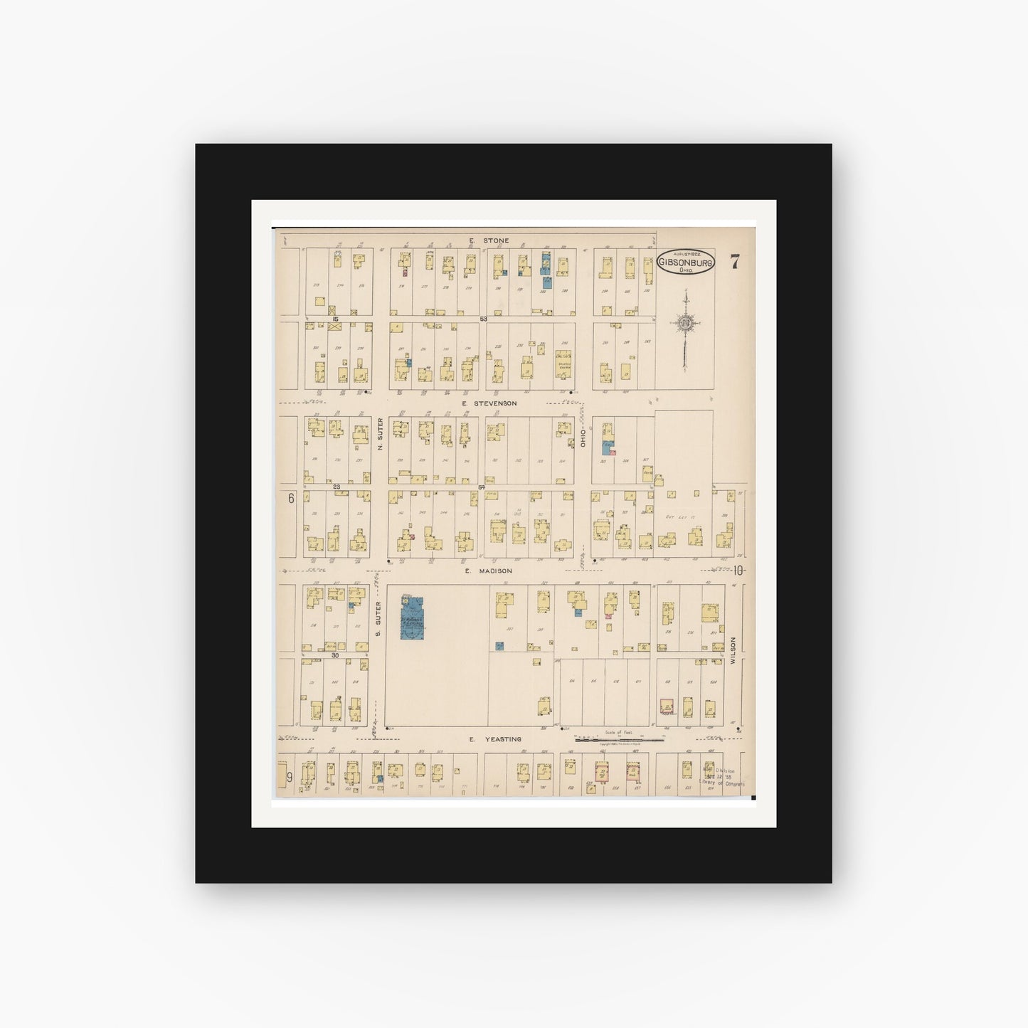 Old map wall art mockup — black gallery frame with white mat — Sanborn Fire Insurance Map from Gibsonburg, Sandusky County, Ohio (1922), Sheet #0007