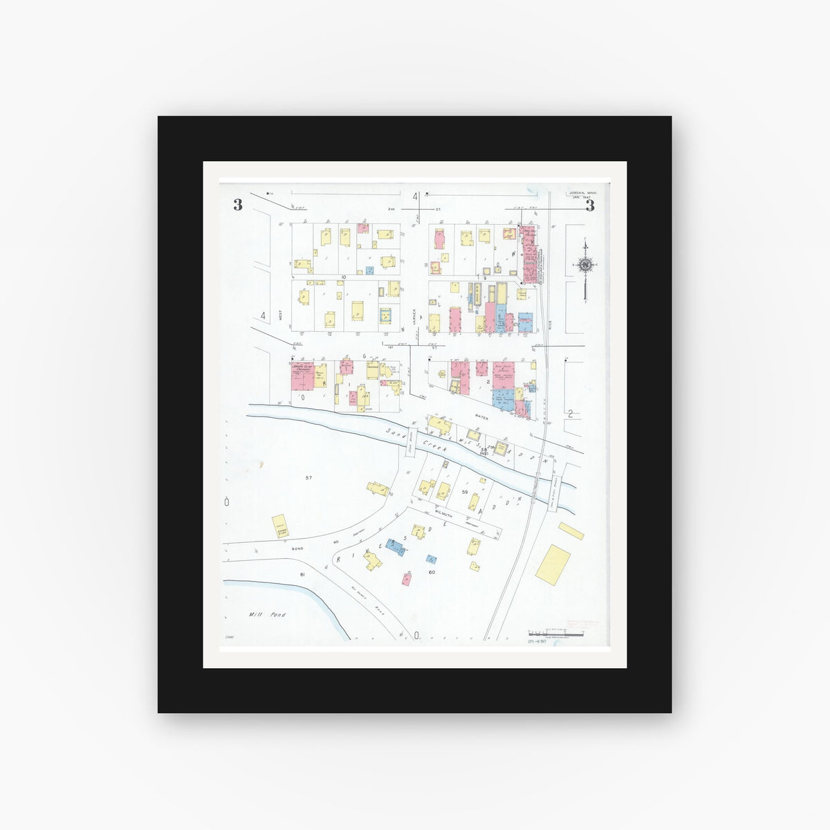 Old map wall art mockup — black gallery frame with white mat — Sanborn Fire Insurance Map from Jordan, Scott County, Minnesota (1947), Sheet #0003