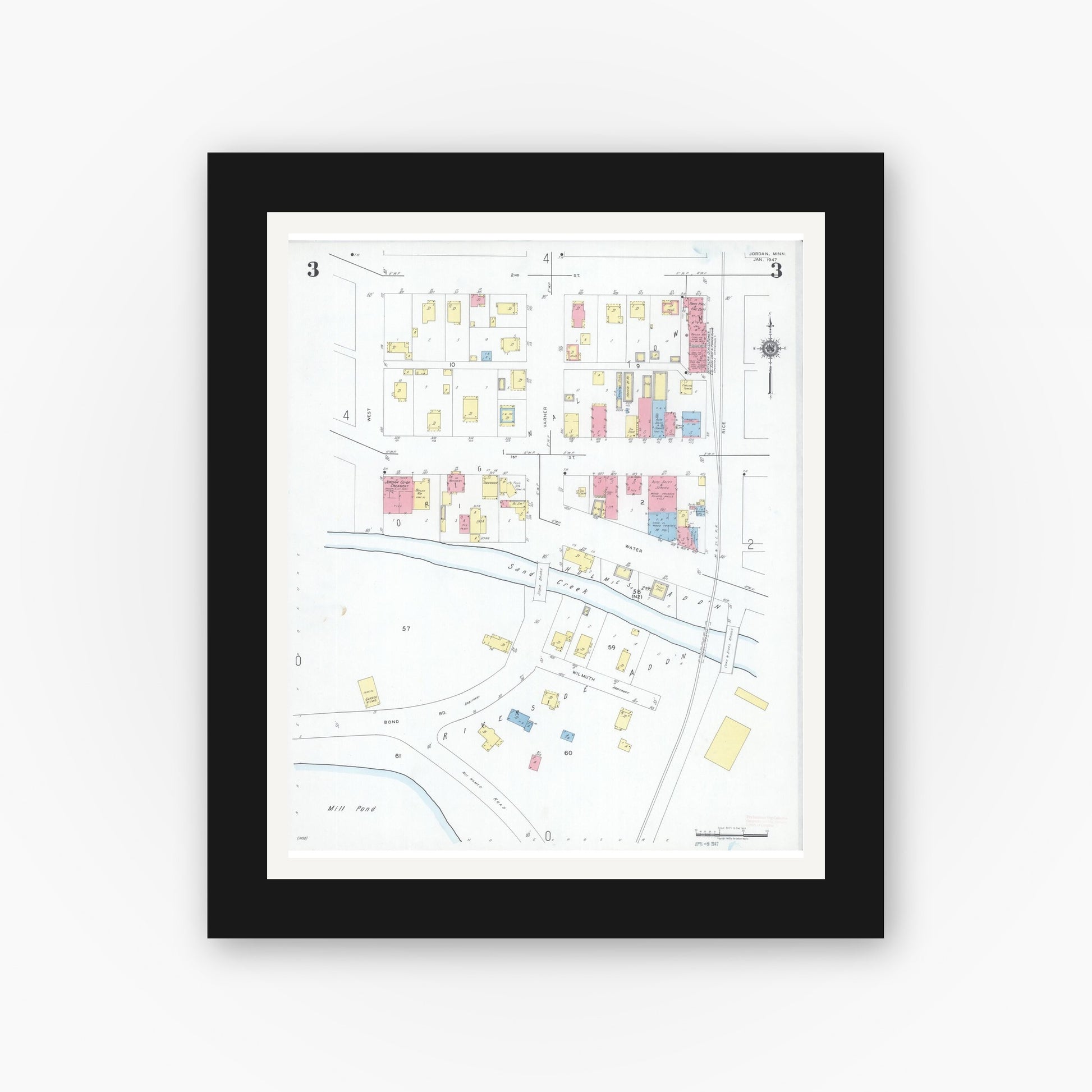 Old map wall art mockup — black gallery frame with white mat — Sanborn Fire Insurance Map from Jordan, Scott County, Minnesota (1947), Sheet #0003