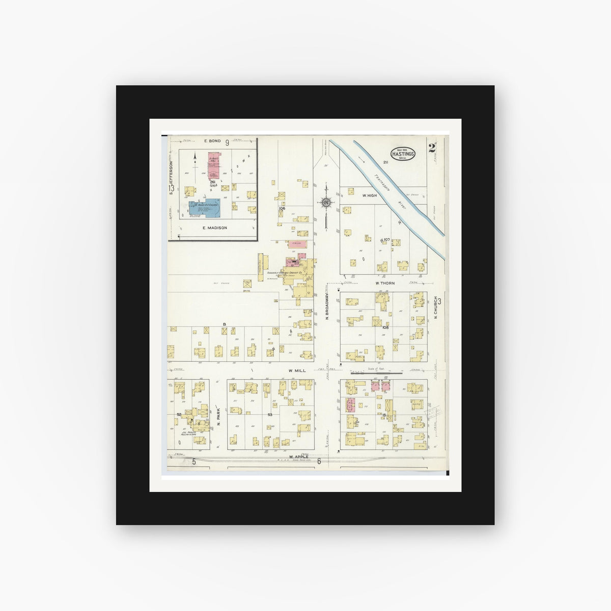Old map wall art mockup — black gallery frame with white mat — Sanborn Fire Insurance Map from Hastings, Barry County, Michigan (1916), Sheet #0002