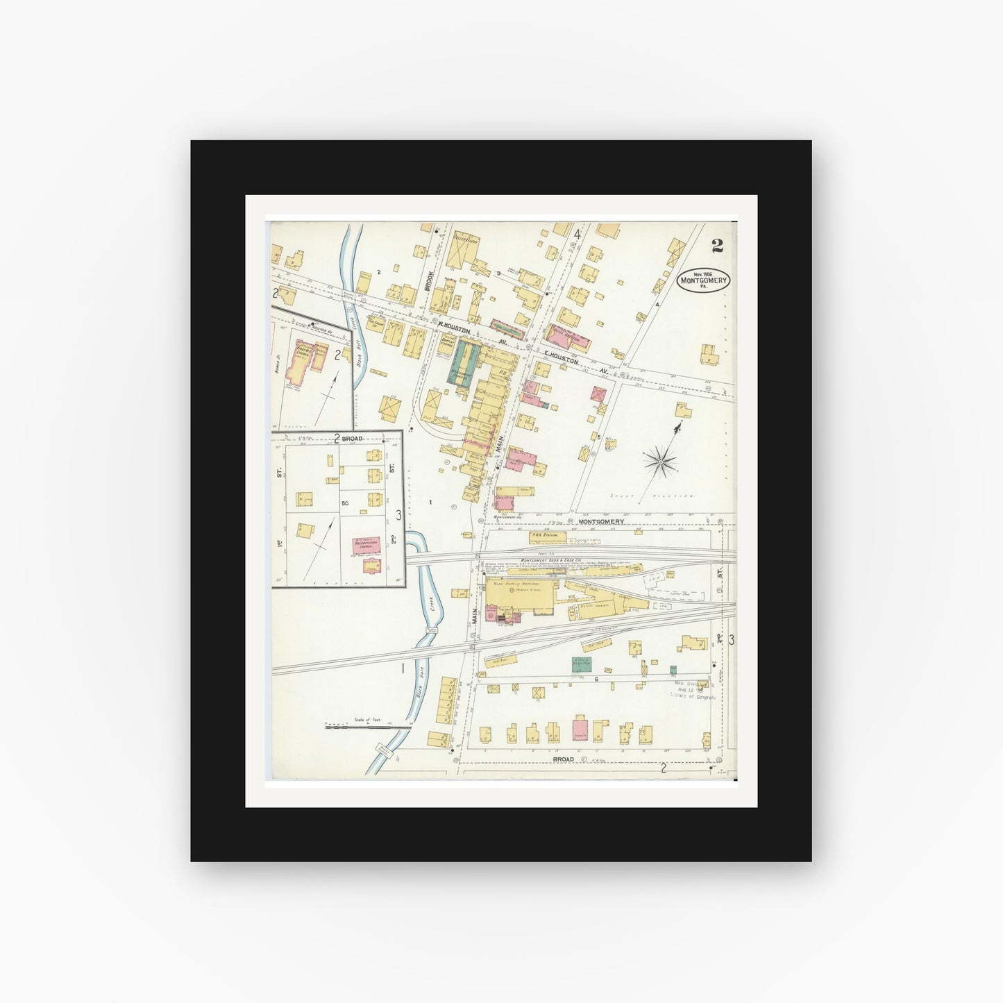 Old map wall art mockup — black gallery frame with white mat — Sanborn Fire Insurance Map from Montgomery, Lycoming County, Pennsylvania (1906), Sheet #0002