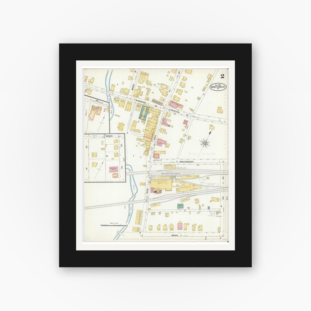 Old map wall art mockup — black gallery frame with white mat — Sanborn Fire Insurance Map from Montgomery, Lycoming County, Pennsylvania (1906), Sheet #0002
