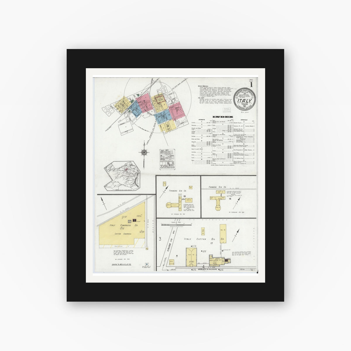 Old map wall art mockup — black gallery frame with white mat — Sanborn Fire Insurance Map from Italy, Ellis County, Texas (1921), Sheet #0001
