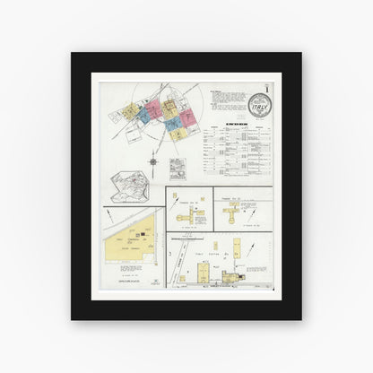 Old map wall art mockup — black gallery frame with white mat — Sanborn Fire Insurance Map from Italy, Ellis County, Texas (1921), Sheet #0001