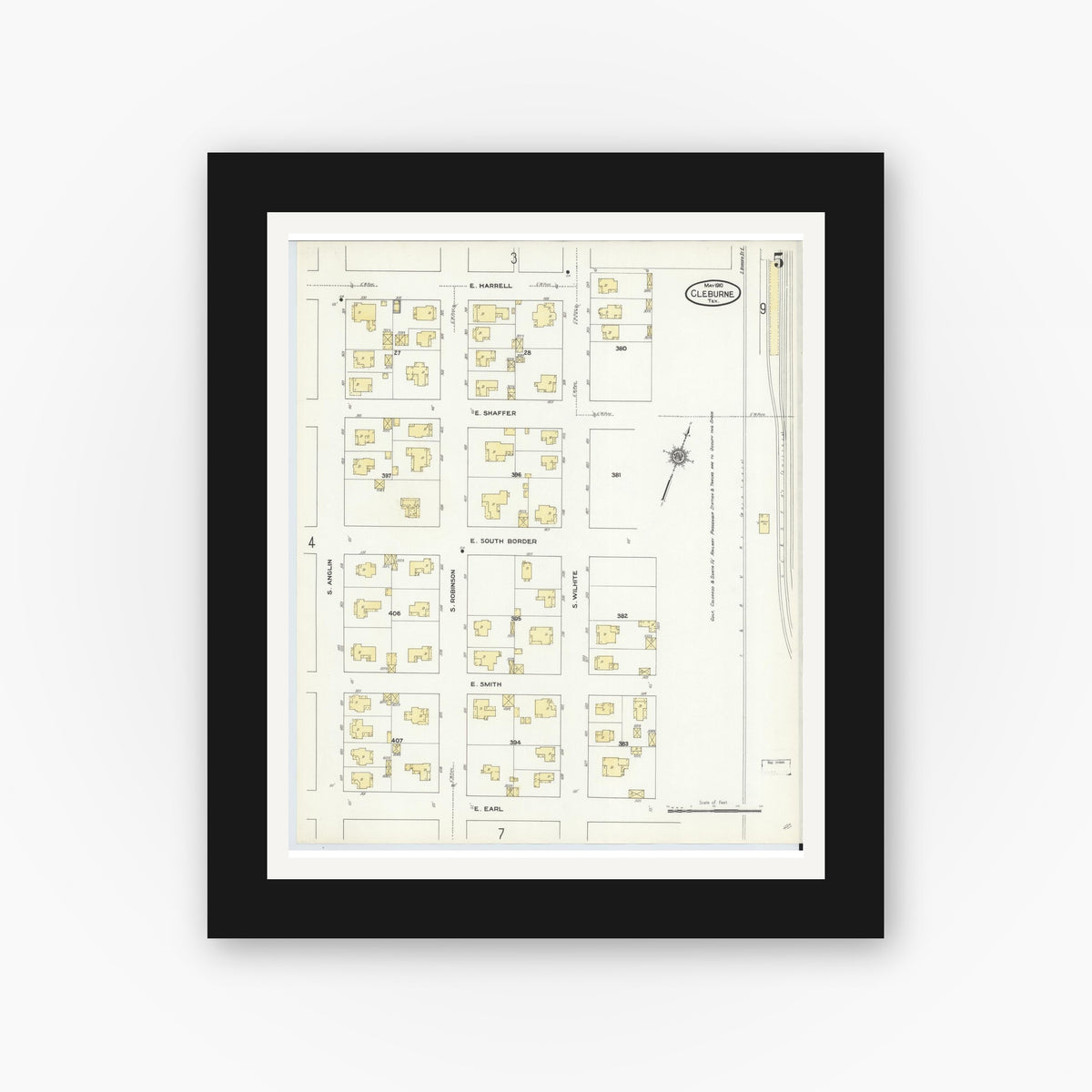 Old map wall art mockup — black gallery frame with white mat — Sanborn Fire Insurance Map from Cleburne, Johnson County, Texas (1910), Sheet #0005