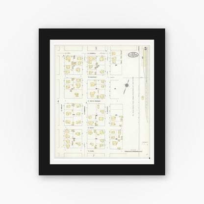 Old map wall art mockup — black gallery frame with white mat — Sanborn Fire Insurance Map from Cleburne, Johnson County, Texas (1910), Sheet #0005