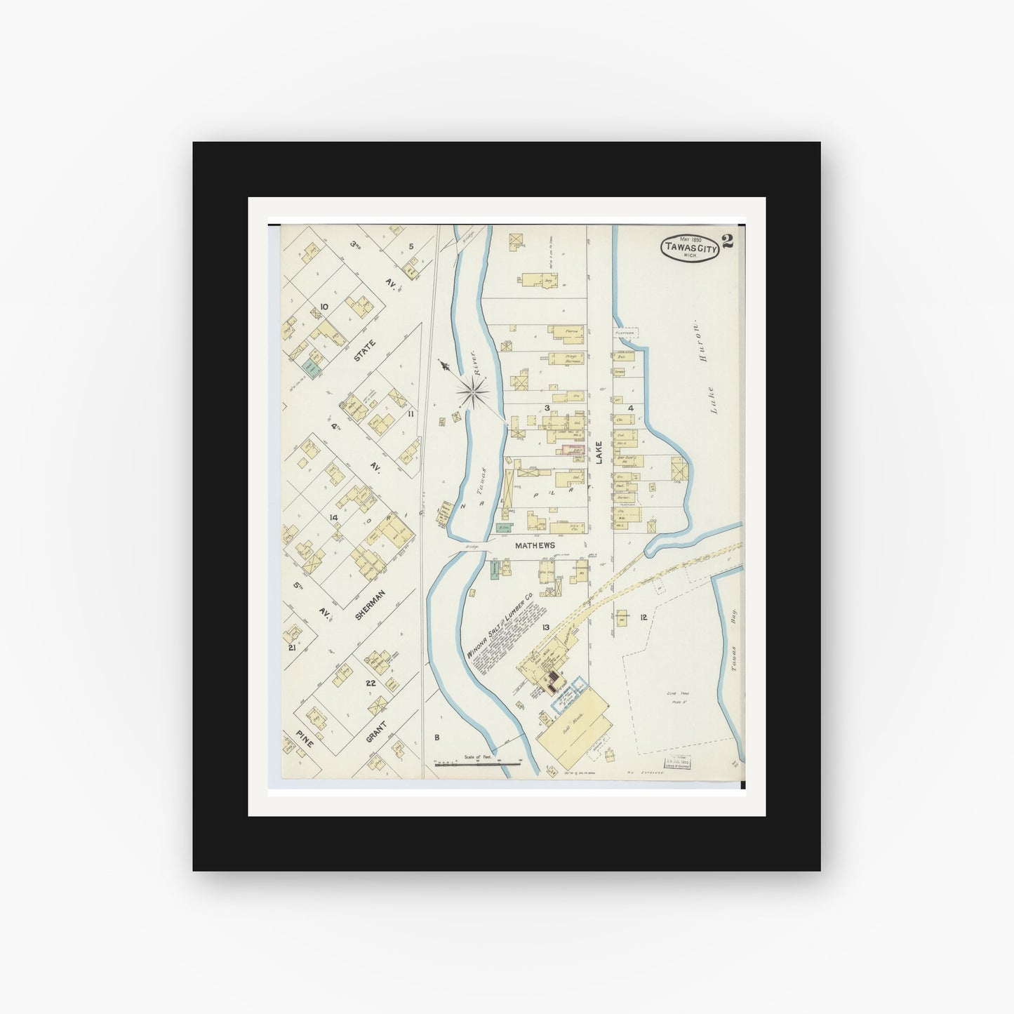 Old map wall art mockup — black gallery frame with white mat — Sanborn Fire Insurance Map from East Tawas, Iosco County, Michigan (1890), Sheet #0002