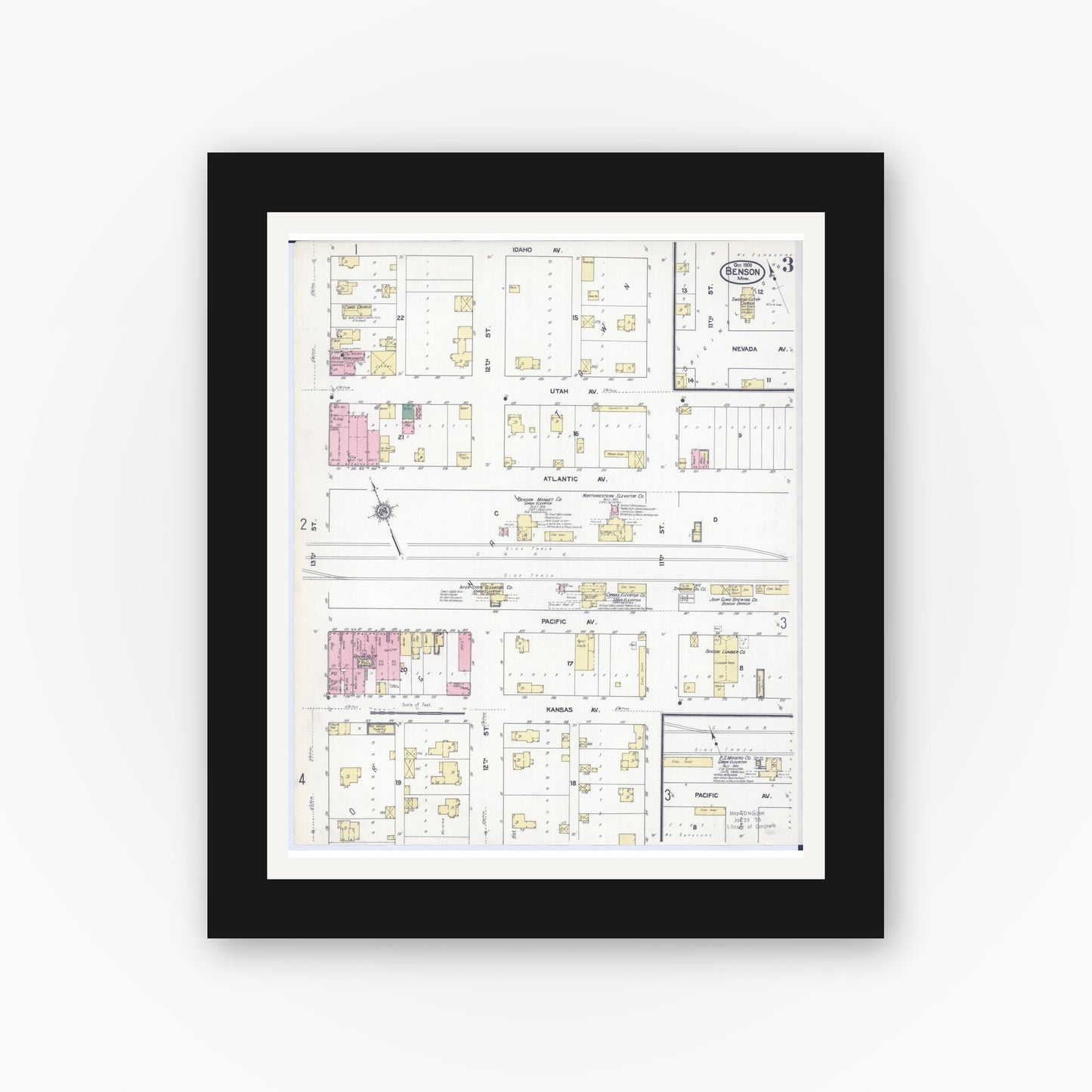 Old map wall art mockup — black gallery frame with white mat — Sanborn Fire Insurance Map from Benson, Swift County, Minnesota (1909), Sheet #0003