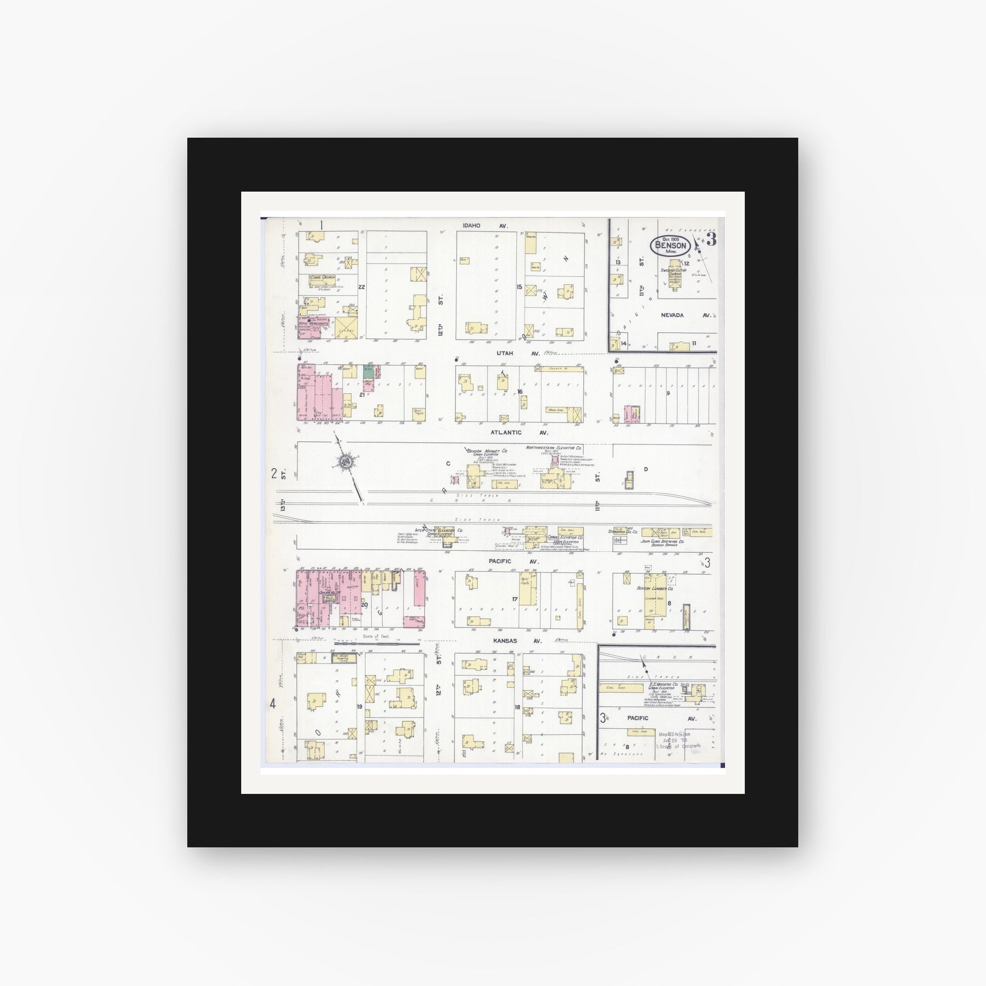 Old map wall art mockup — black gallery frame with white mat — Sanborn Fire Insurance Map from Benson, Swift County, Minnesota (1909), Sheet #0003