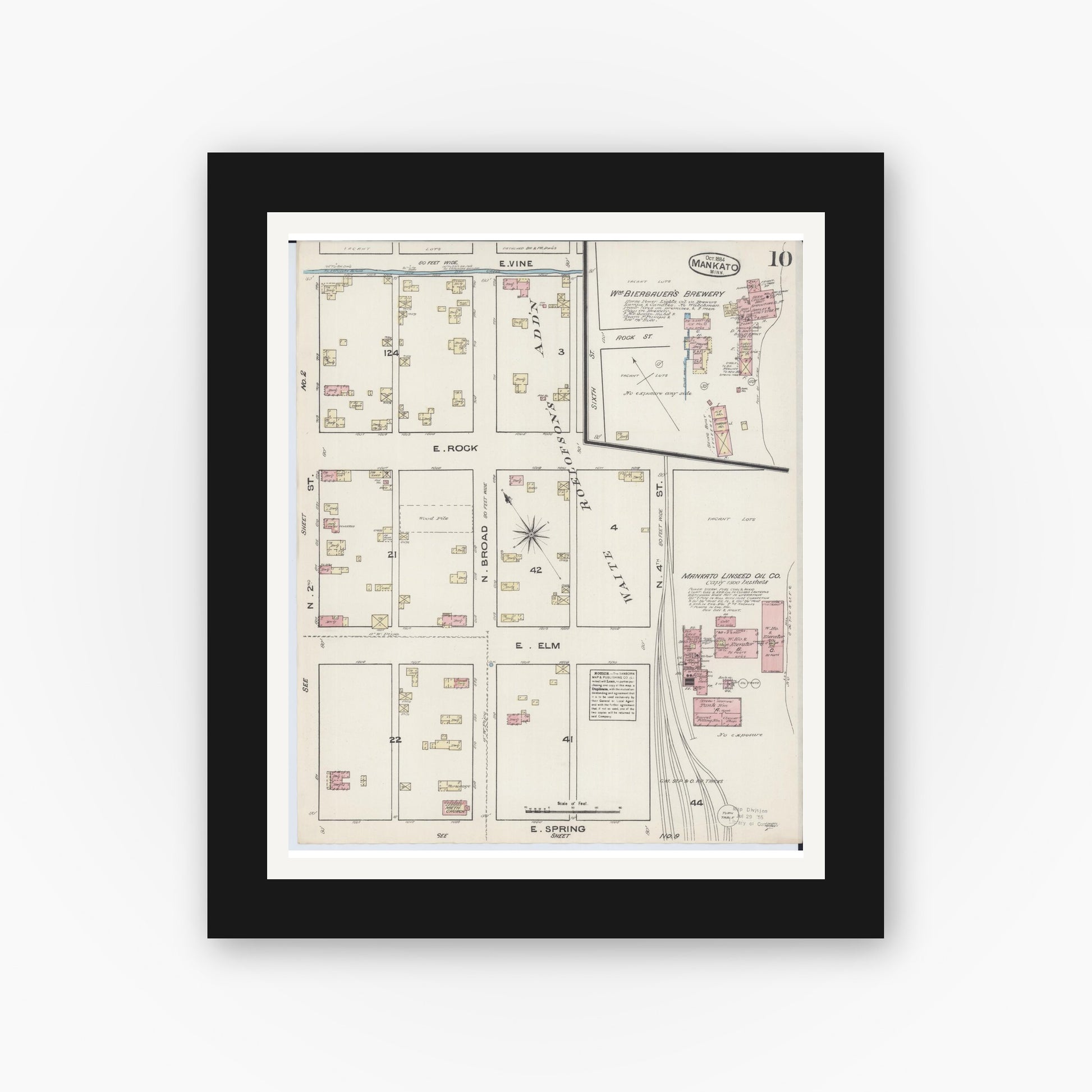 Old map wall art mockup — black gallery frame with white mat — Sanborn Fire Insurance Map from Mankato, Blue Earth County, Minnesota (1884), Sheet #0010
