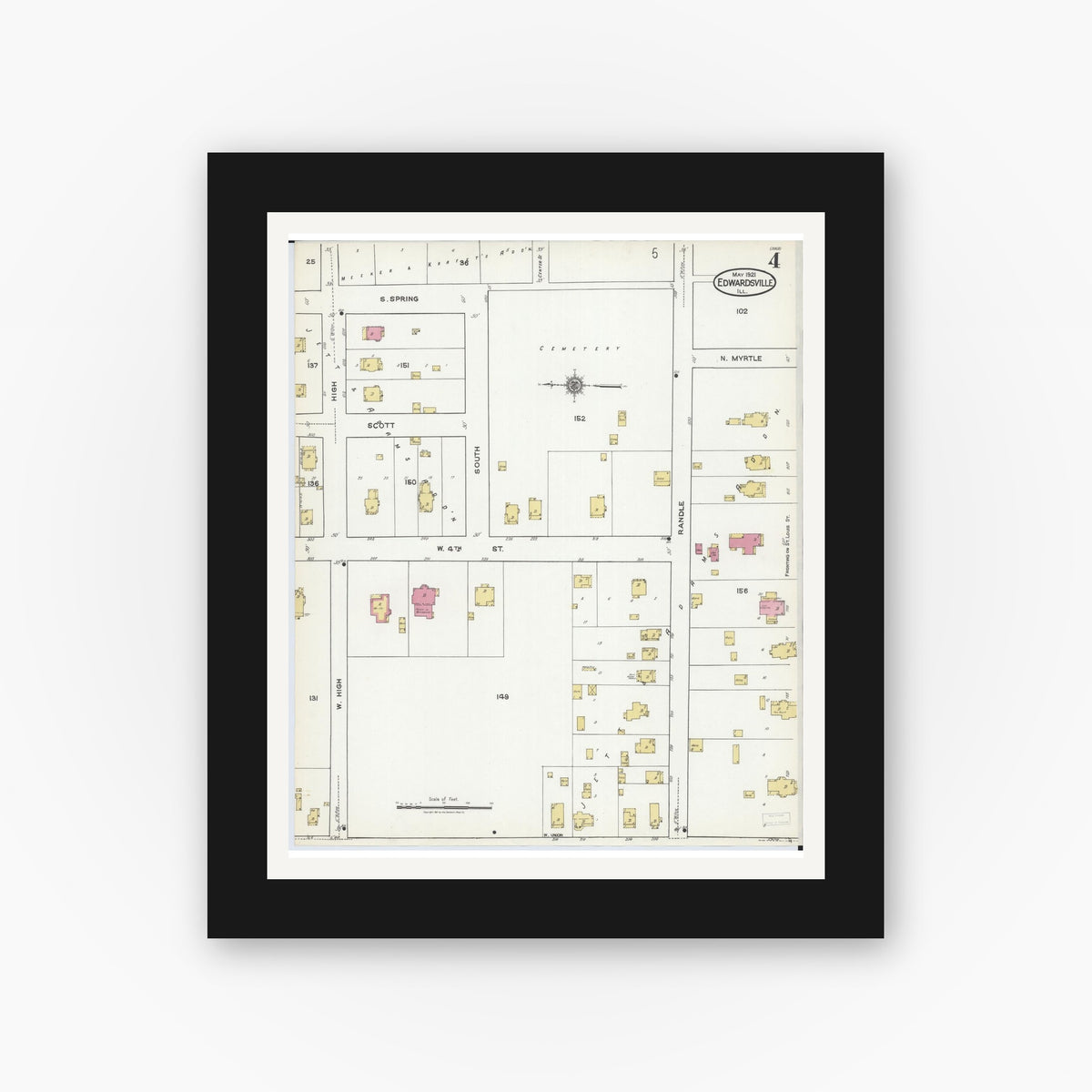 Old map wall art mockup — black gallery frame with white mat — Sanborn Fire Insurance Map from Edwardsville, Madison County, Illinois (1921), Sheet #0004
