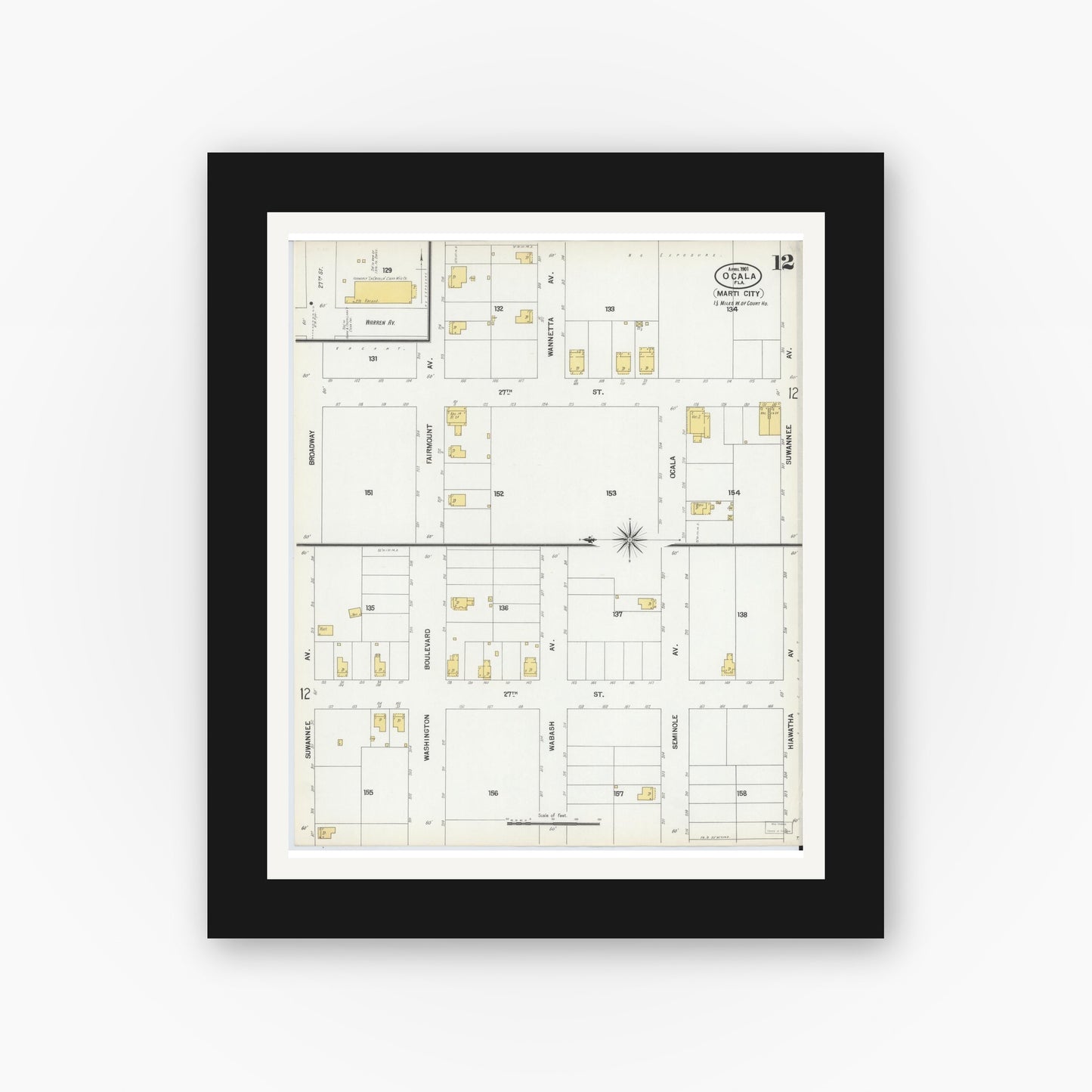Old map wall art mockup — black gallery frame with white mat — Sanborn Fire Insurance Map from Ocala, Marion County, Florida (1901), Sheet #0012