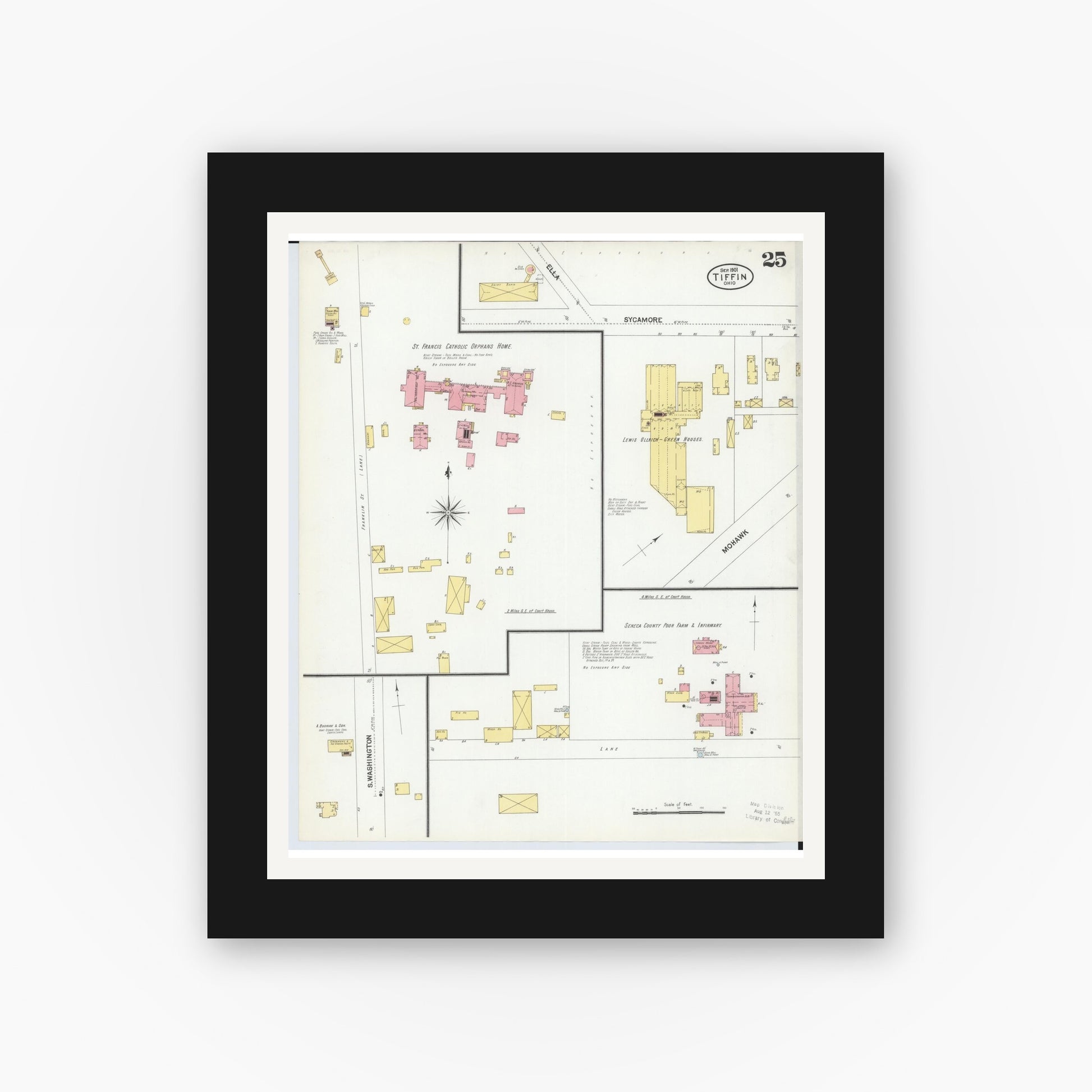 Old map wall art mockup — black gallery frame with white mat — Sanborn Fire Insurance Map from Tiffin, Seneca County, Ohio (1901), Sheet #0025