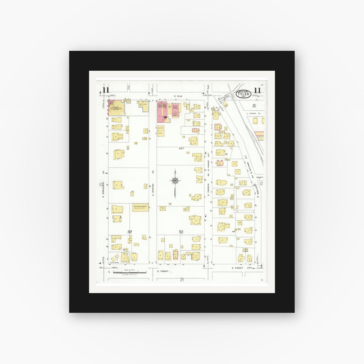 Old map wall art mockup — black gallery frame with white mat — Sanborn Fire Insurance Map from Tyler, Smith County, Texas (1928), Sheet #0011