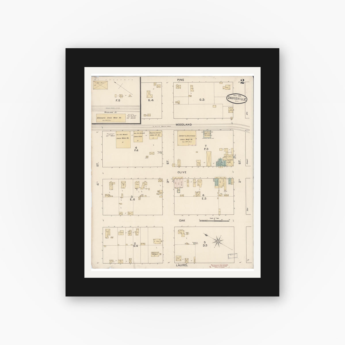 Old map wall art mockup — black gallery frame with white mat — Sanborn Fire Insurance Map from Davis, Yolo County, California (1888), Sheet #0002