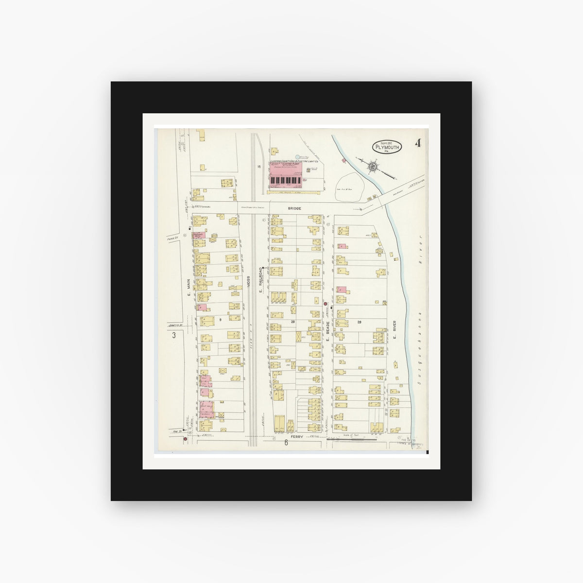 Old map wall art mockup — black gallery frame with white mat — Sanborn Fire Insurance Map from Plymouth, Luzerne County, Pennsylvania (1912), Sheet #0004