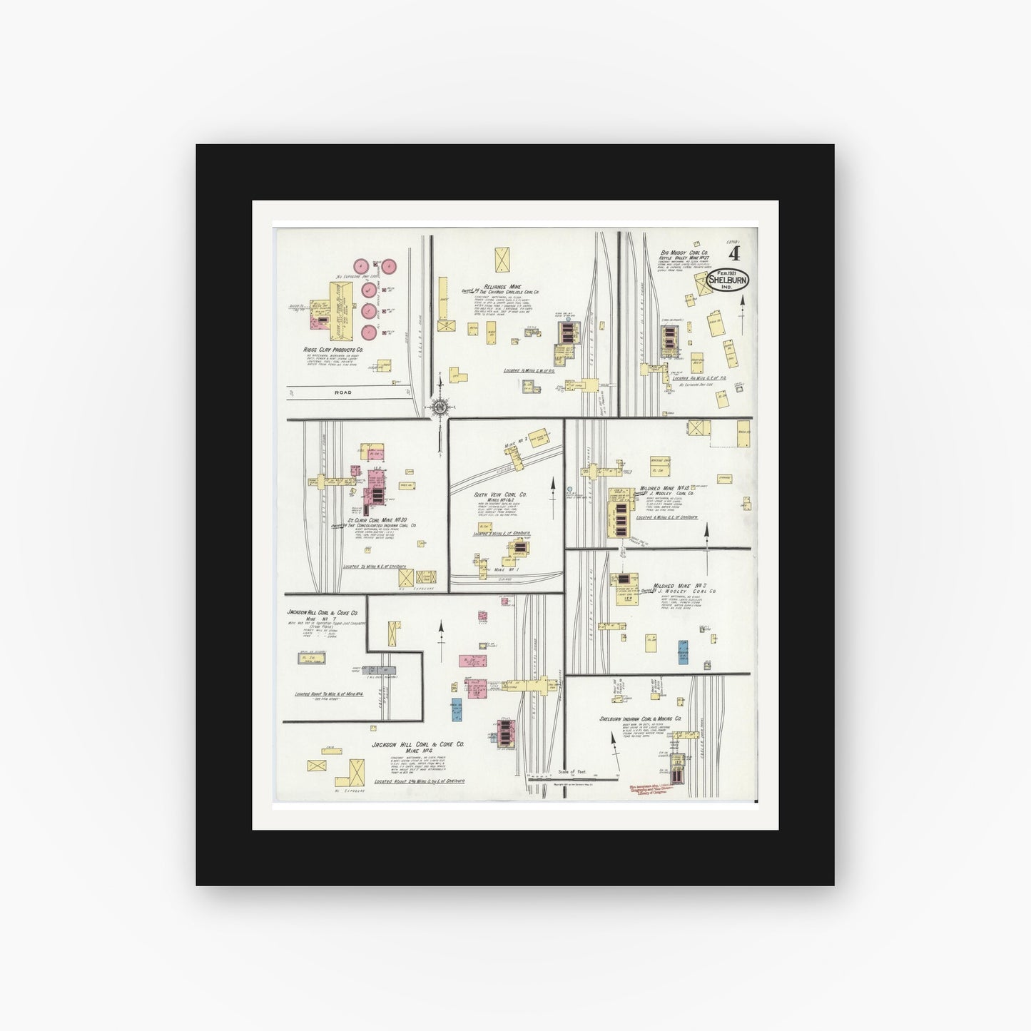 Old map wall art mockup — black gallery frame with white mat — Sanborn Fire Insurance Map from Shelburn, Sullivan County, Indiana (1921), Sheet #0004