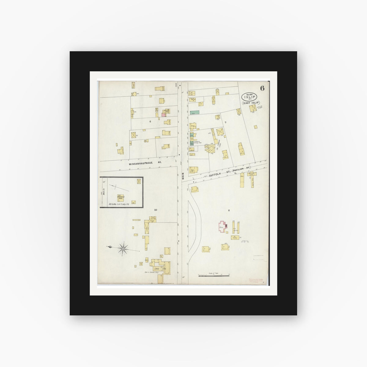 Old map wall art mockup — black gallery frame with white mat — Sanborn Fire Insurance Map from Islip, Suffolk County, New York (1897), Sheet #0006