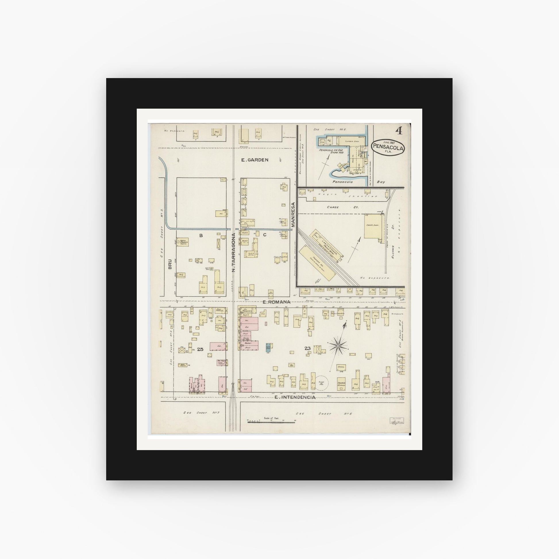 Old map wall art mockup — black gallery frame with white mat — Sanborn Fire Insurance Map from Pensacola, Escambia County, Florida (1887), Sheet #0004