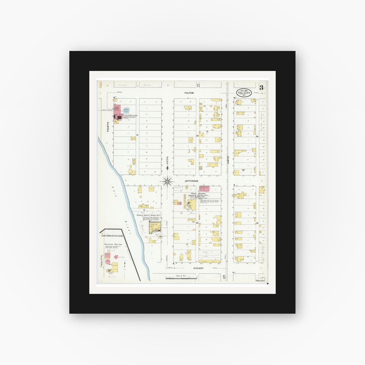 Old map wall art mockup — black gallery frame with white mat — Sanborn Fire Insurance Map from Tell City, Perry County, Indiana (1909), Sheet #0003