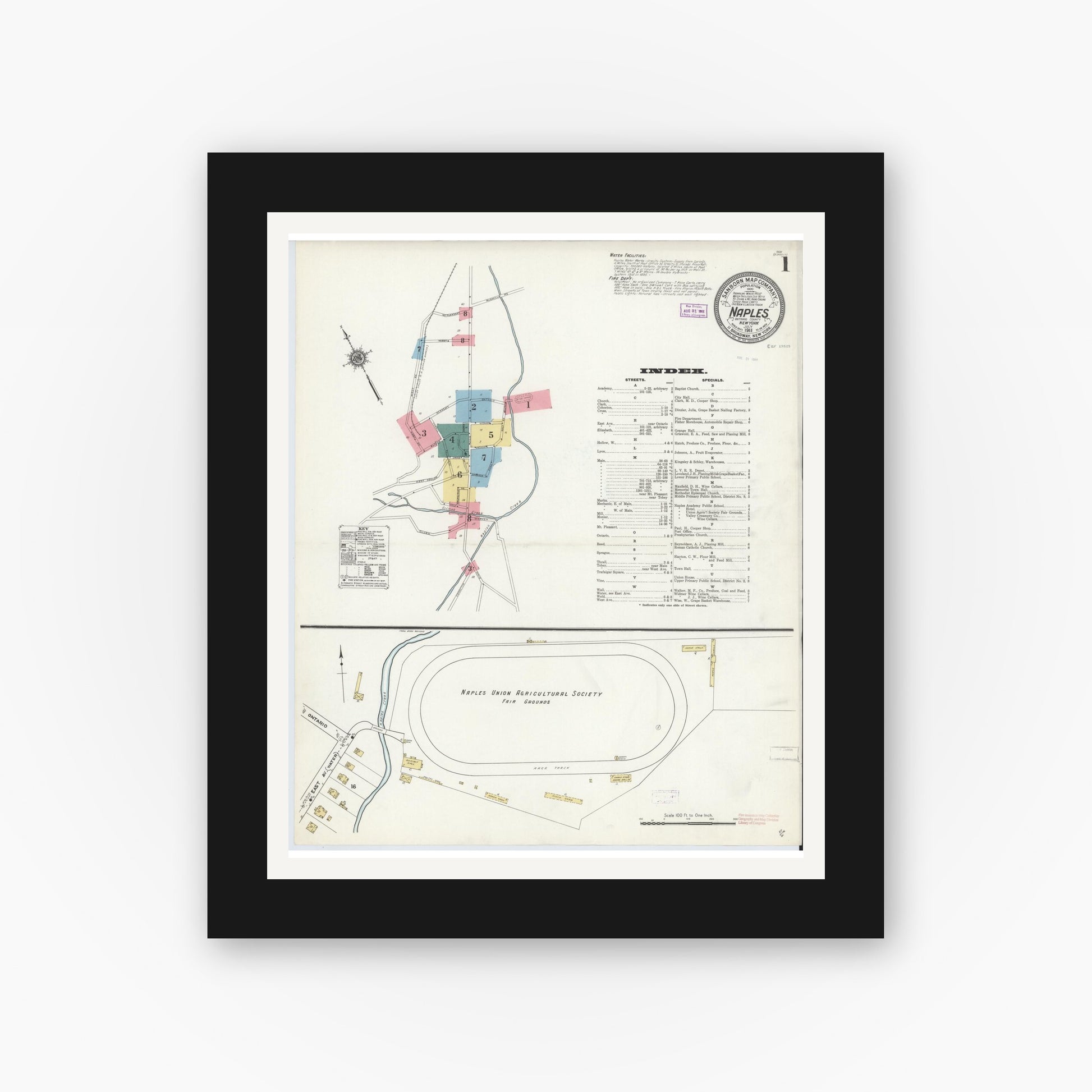 Old map wall art mockup — black gallery frame with white mat — Sanborn Fire Insurance Map from Naples, Ontario County, New York (1911) - Complete Map Set