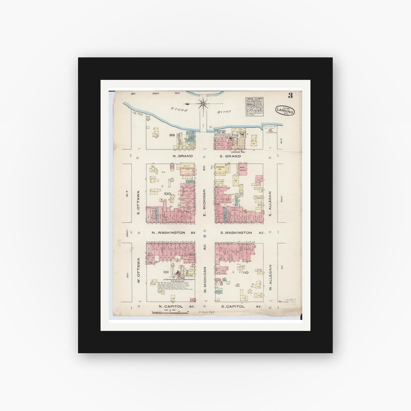 Old map wall art mockup — black gallery frame with white mat — Sanborn Fire Insurance Map from Lansing, Ingham County, Michigan (1885), Sheet #0003