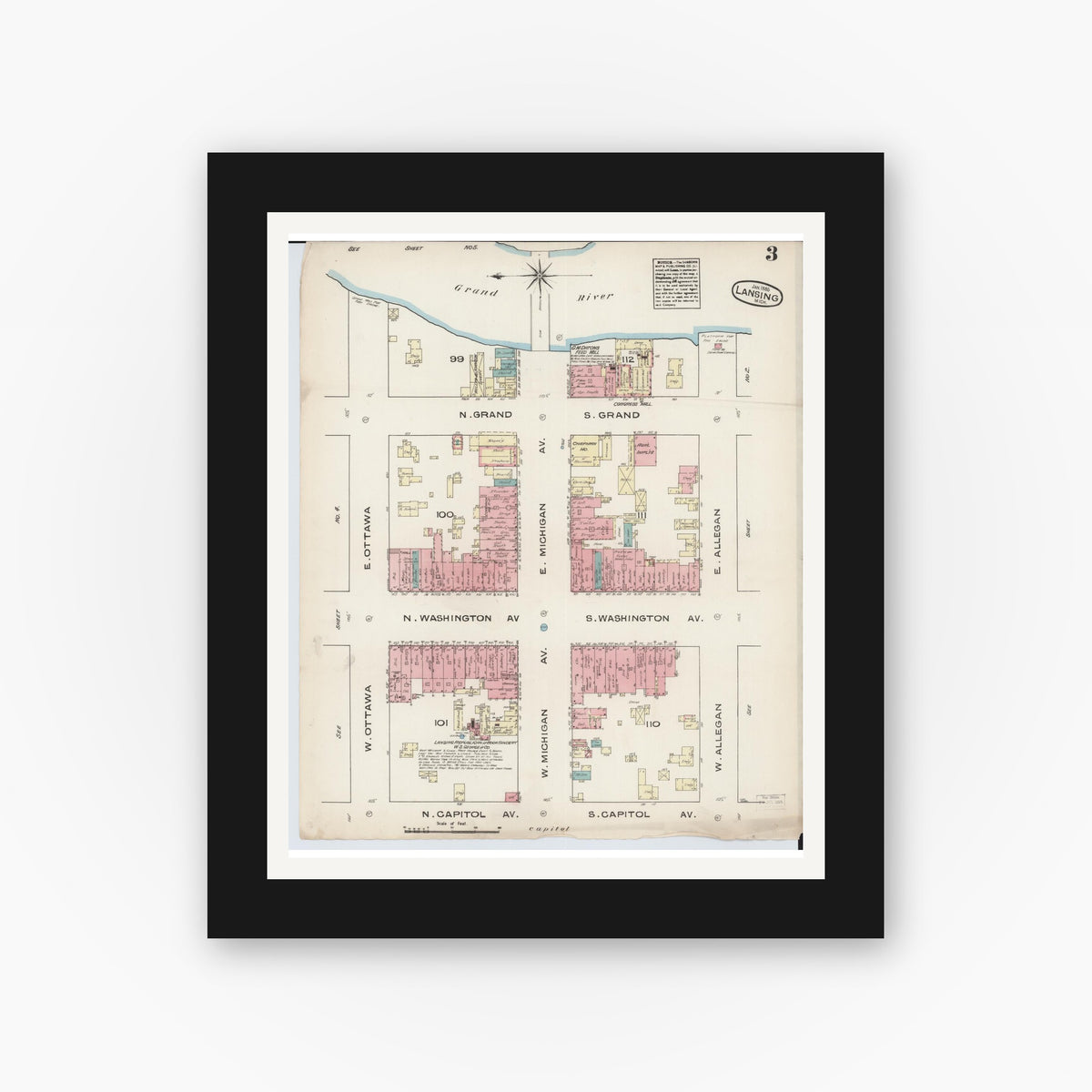 Old map wall art mockup — black gallery frame with white mat — Sanborn Fire Insurance Map from Lansing, Ingham County, Michigan (1885), Sheet #0003
