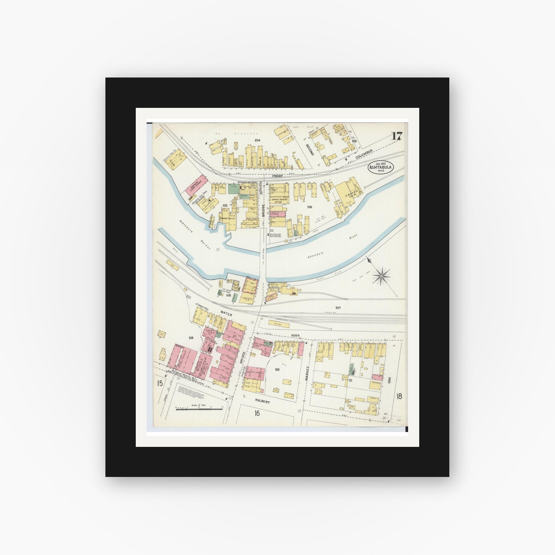 Old map wall art mockup — black gallery frame with white mat — Sanborn Fire Insurance Map from Ashtabula, Ashtabula County, Ohio (1903), Sheet #0017