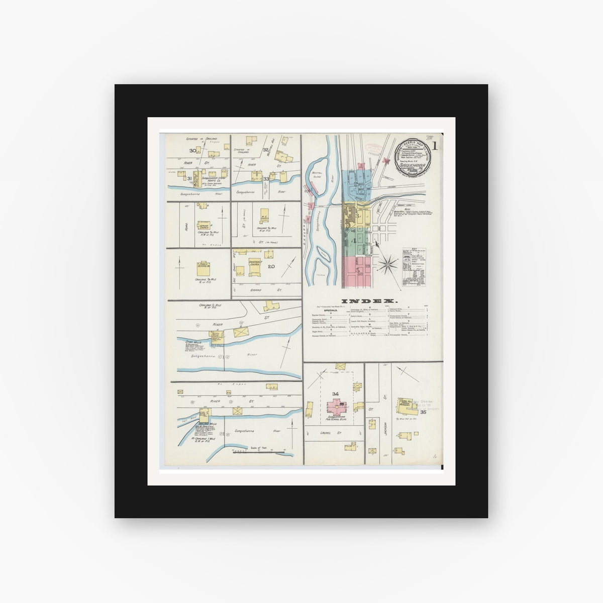 Old map wall art mockup — black gallery frame with white mat — Sanborn Fire Insurance Map from Susquehanna, Susquehanna County, Pennsylvania (1892) - Complete Map Set