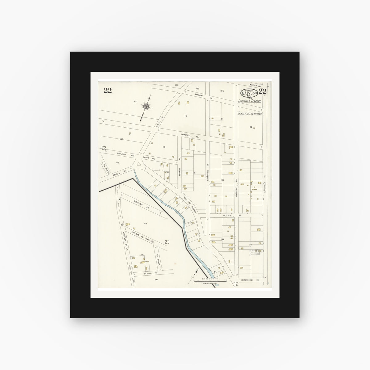 Old map wall art mockup — black gallery frame with white mat — Sanborn Fire Insurance Map from Babylon, Suffolk County, New York (1923), Sheet #0022