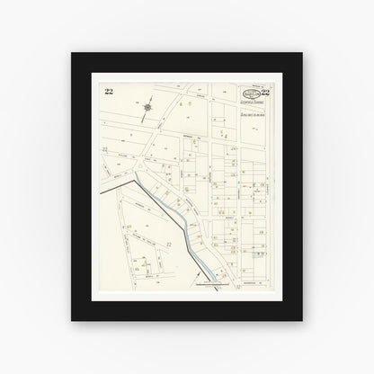 Old map wall art mockup — black gallery frame with white mat — Sanborn Fire Insurance Map from Babylon, Suffolk County, New York (1923), Sheet #0022