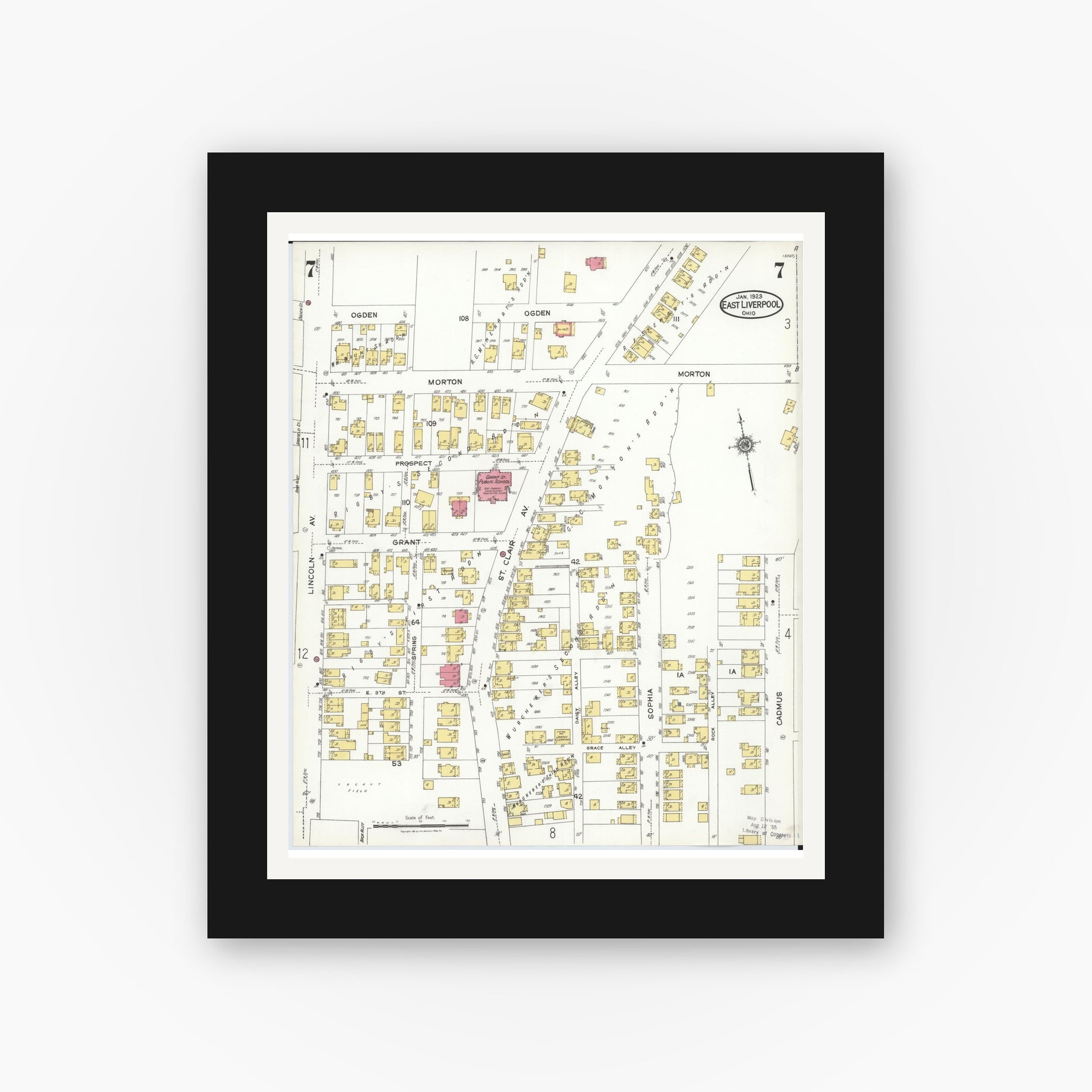 Old map wall art mockup — black gallery frame with white mat — Sanborn Fire Insurance Map from East Liverpool, Columbiana County, Ohio (1923), Sheet #0007