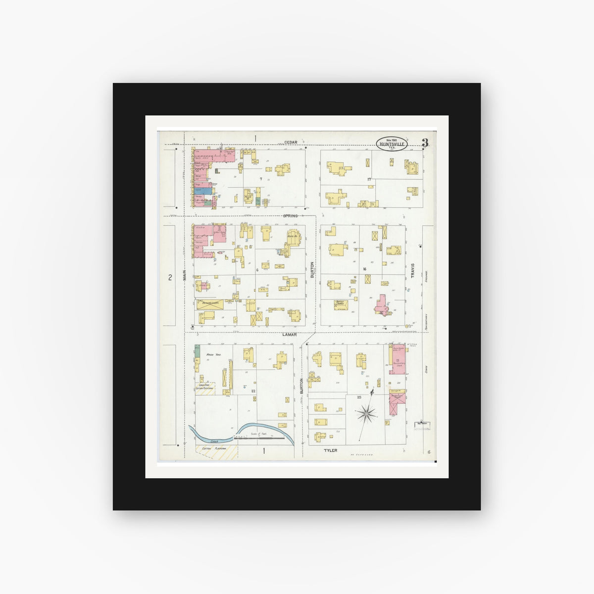 Old map wall art mockup — black gallery frame with white mat — Sanborn Fire Insurance Map from Huntsville, Walker County, Texas (1901), Sheet #0003