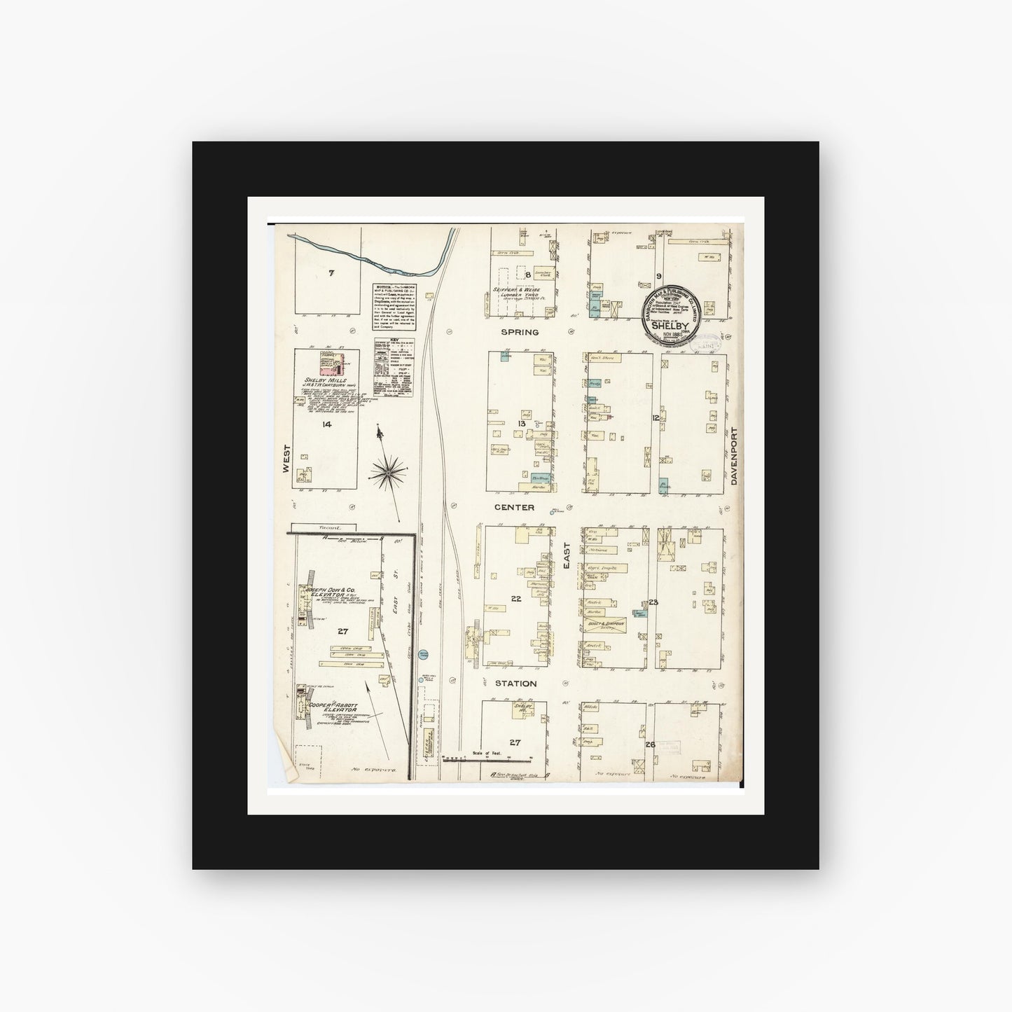 Old map wall art mockup — black gallery frame with white mat — Sanborn Fire Insurance Map from Shelby, Shelby County, Iowa (1883), Sheet #0001