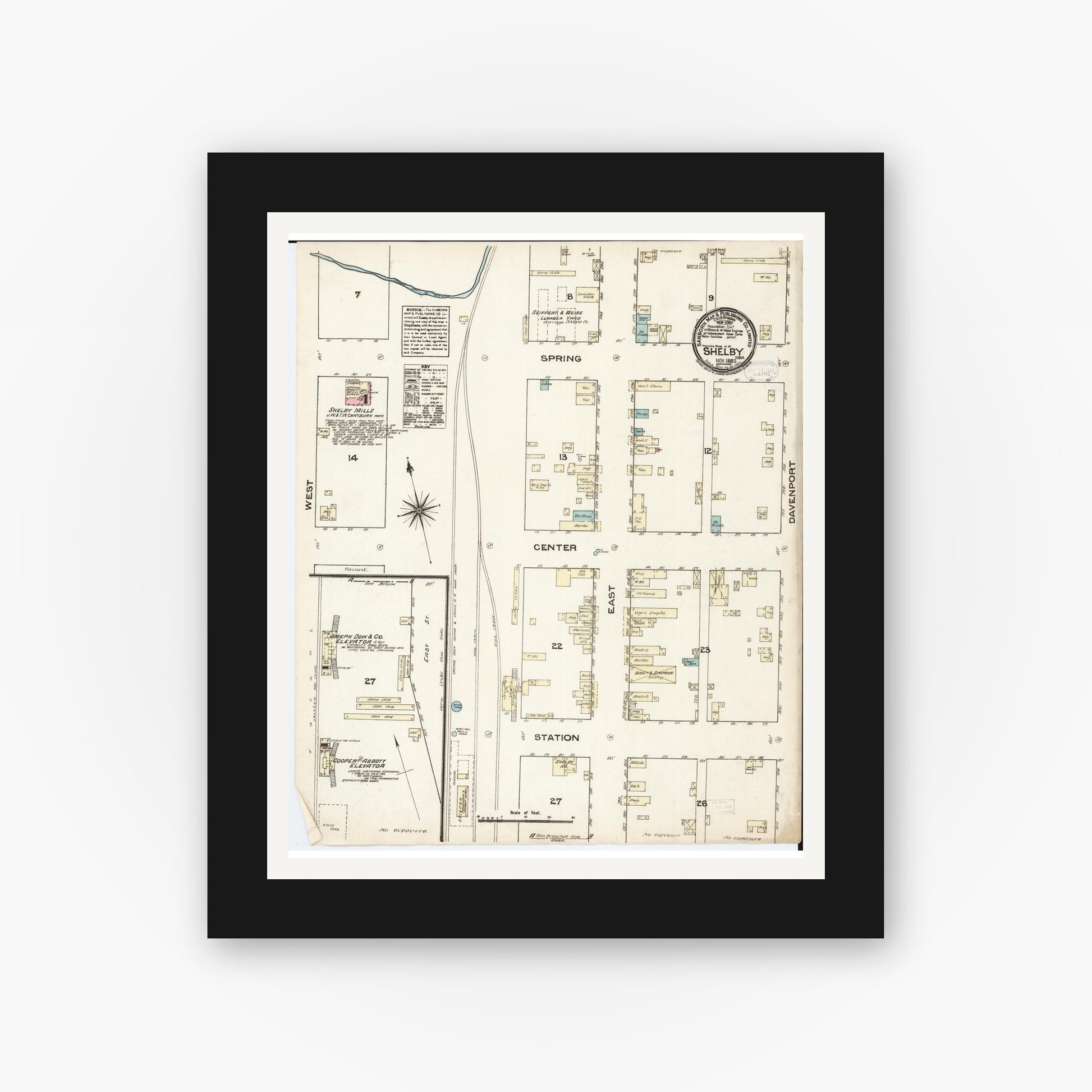 Old map wall art mockup — black gallery frame with white mat — Sanborn Fire Insurance Map from Shelby, Shelby County, Iowa (1883), Sheet #0001