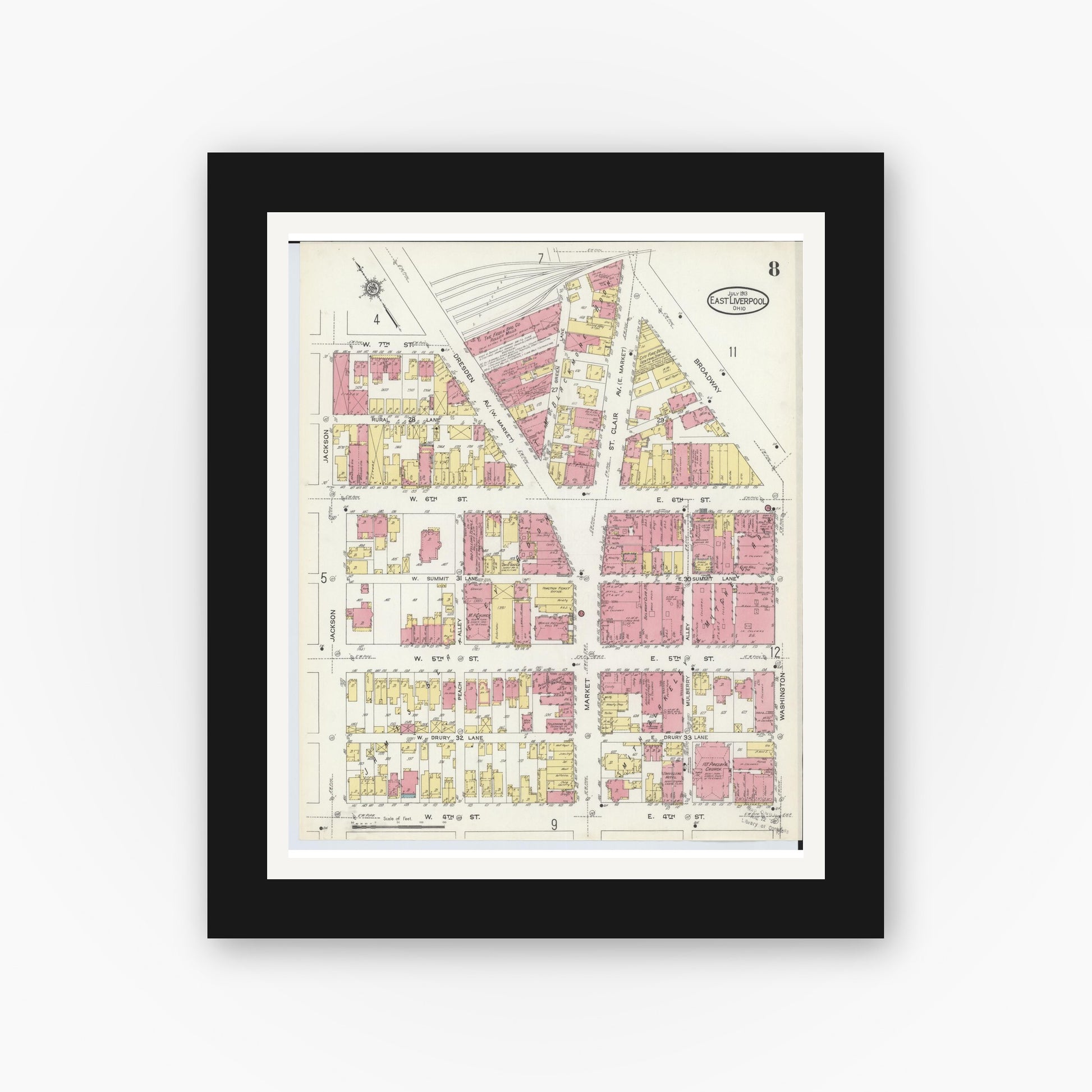Old map wall art mockup — black gallery frame with white mat — Sanborn Fire Insurance Map from East Liverpool, Columbiana County, Ohio (1913), Sheet #0008