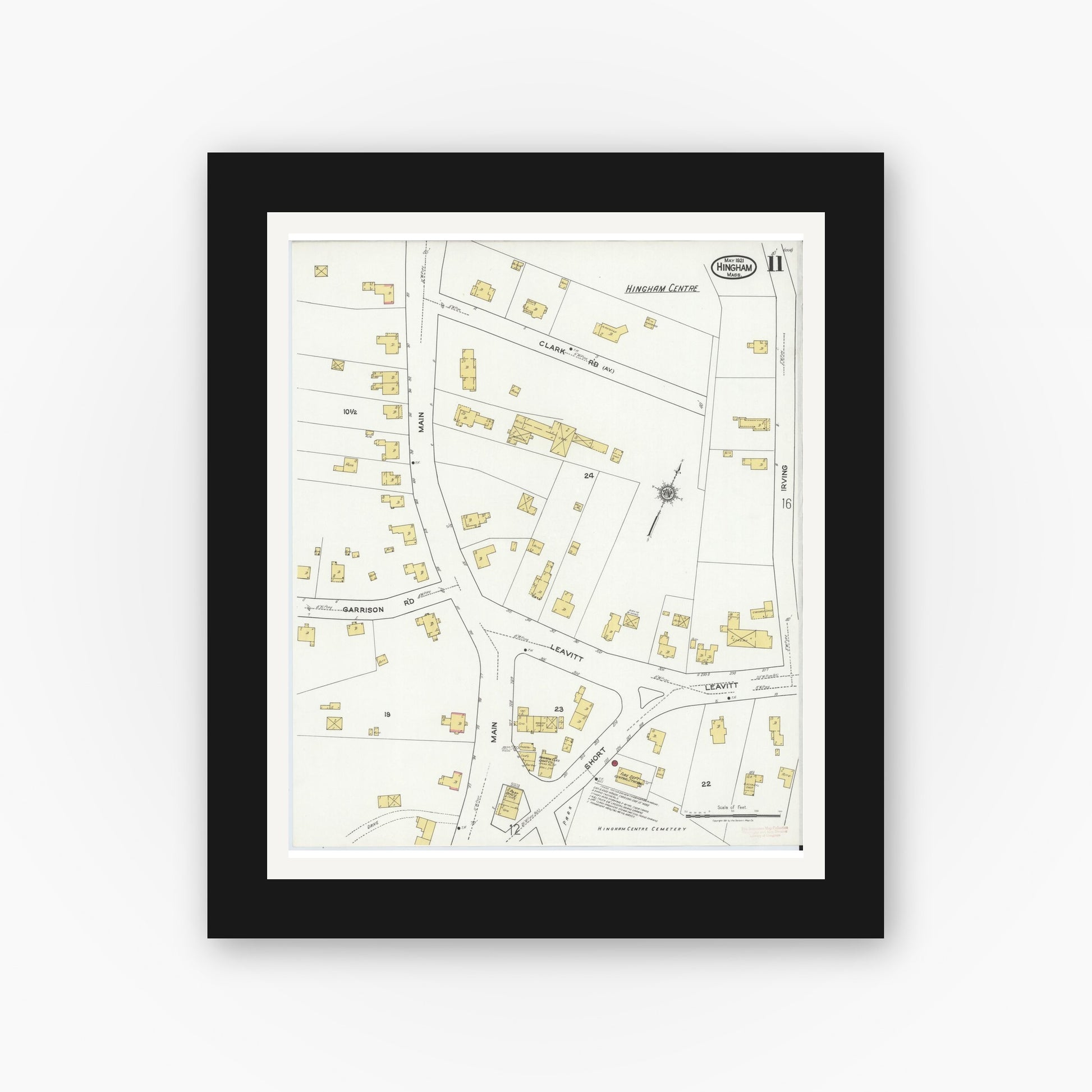 Old map wall art mockup — black gallery frame with white mat — Sanborn Fire Insurance Map from Hingham, Plymouth County, Massachusetts (1921), Sheet #0011