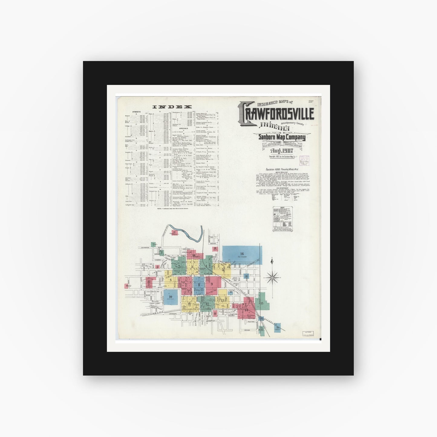 Old map wall art mockup — black gallery frame with white mat — Sanborn Fire Insurance Map from Crawfordsville, Montgomery County, Indiana (1907) - Complete Map Set