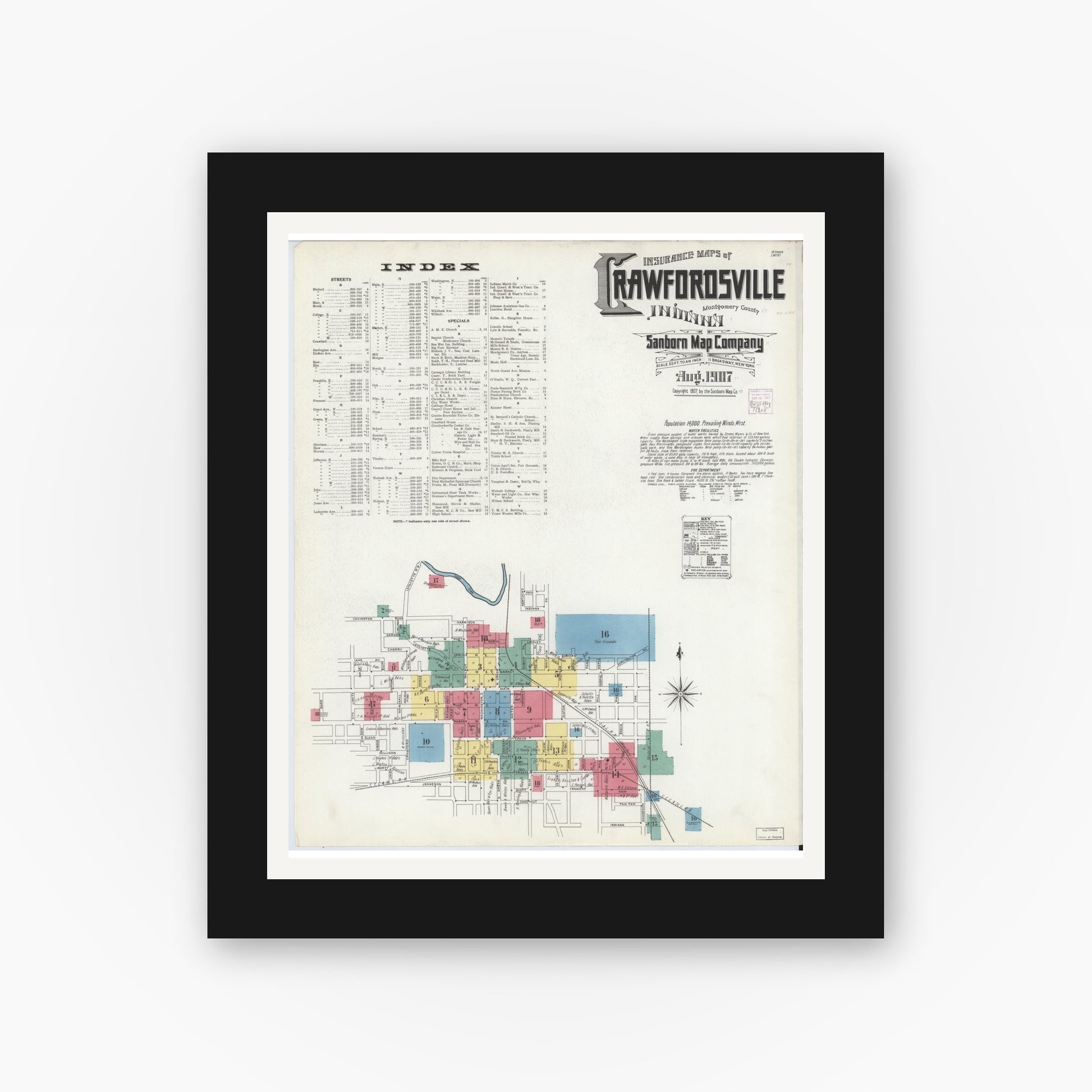 Old map wall art mockup — black gallery frame with white mat — Sanborn Fire Insurance Map from Crawfordsville, Montgomery County, Indiana (1907) - Complete Map Set