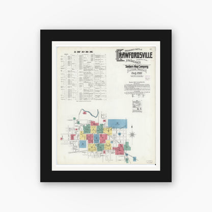 Old map wall art mockup — black gallery frame with white mat — Sanborn Fire Insurance Map from Crawfordsville, Montgomery County, Indiana (1907) - Complete Map Set